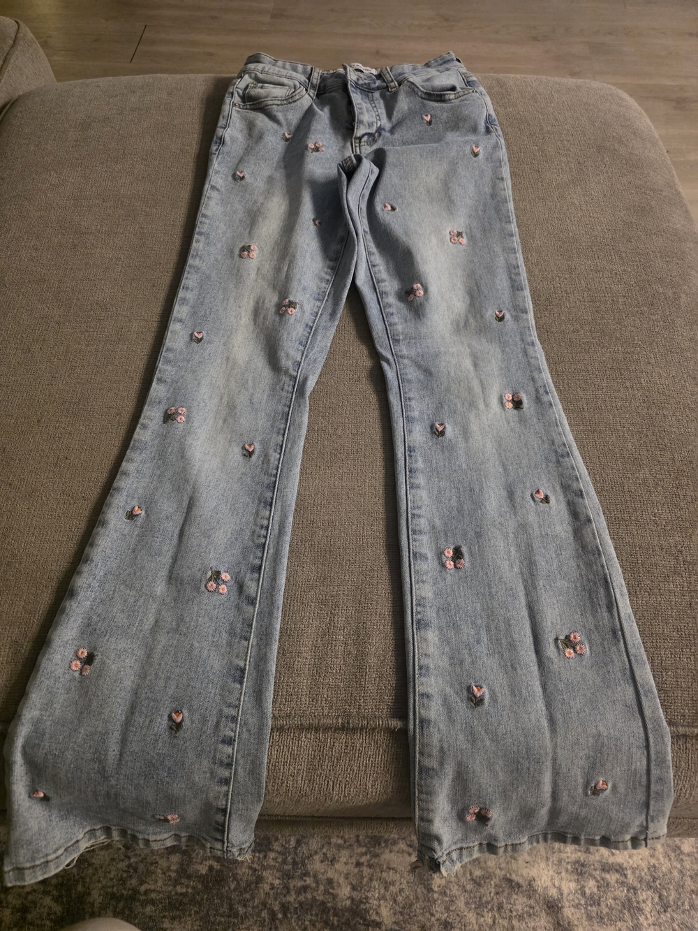 Ashley Mason Light Wash Flare Jeans with Pink Floral Embroidery